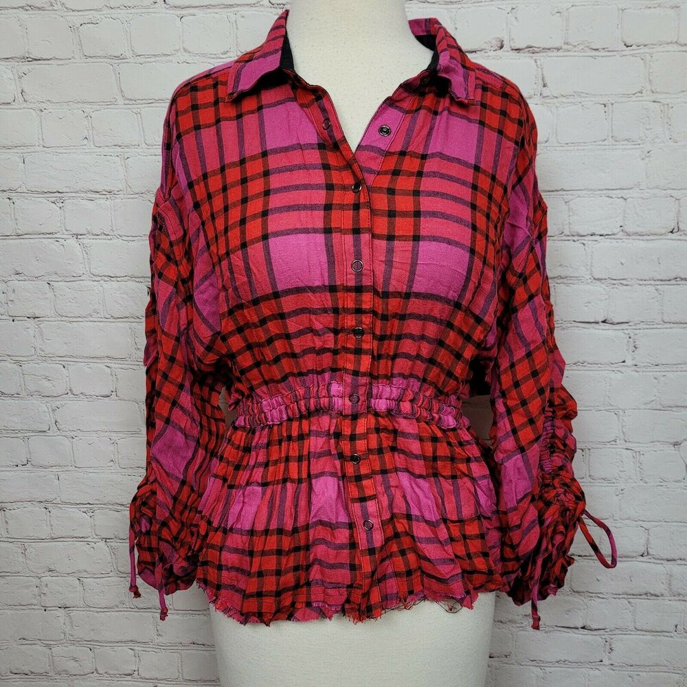 Free People Womens Pacific Dawn Drawstring Plaid Shirt In Red Combo NWT